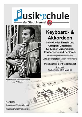 Die Musikschule der Stadt Hennef bietet donnerstags Keyboard- und Akkordeon-Unterricht an.